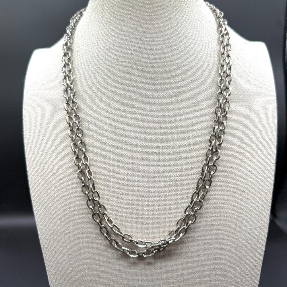 Silver Tone Double Strand Oval Link Chain Necklace Layered Chunky Lobster Clasp